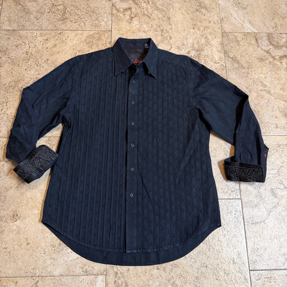 Robert Graham Men’s Long Sleeve Button Down Shirt Black XL Flip Cuff Silk Trim